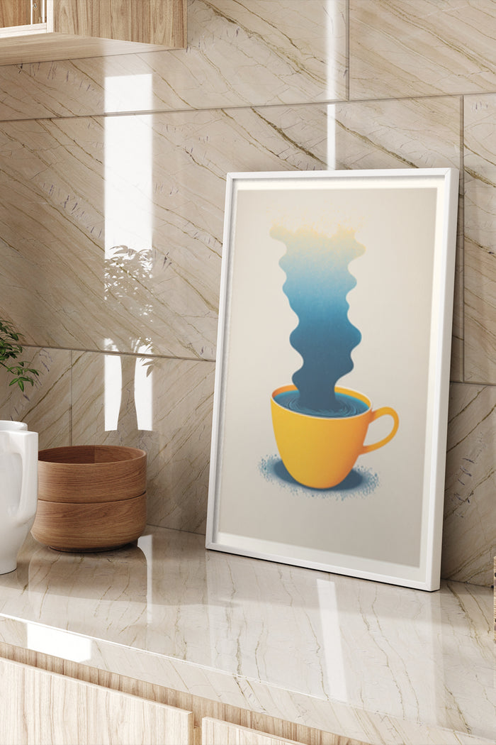 Abstract Coffee Cup Silhouette Steam Art Poster in Modern Interior Decor Setting