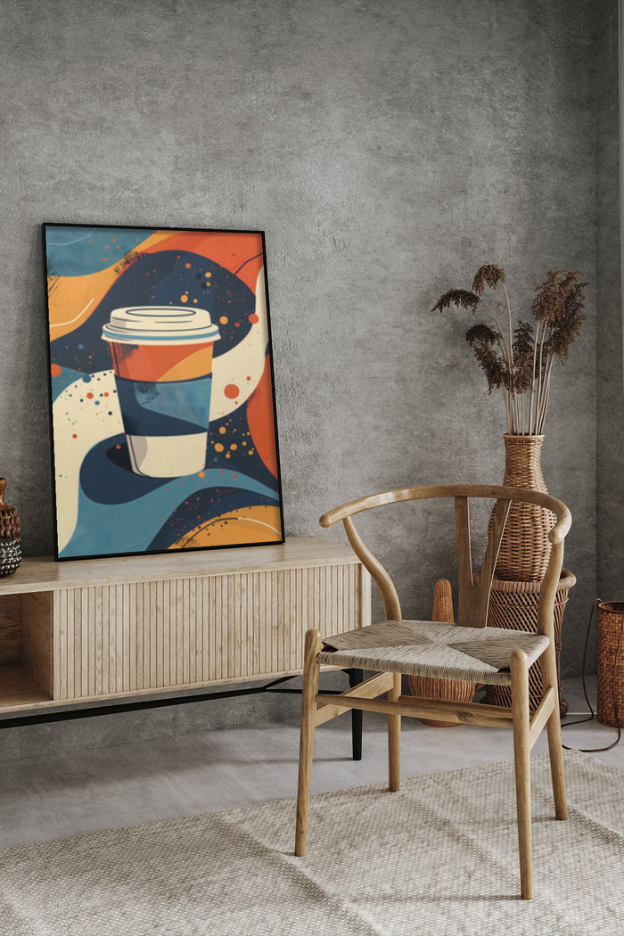 Abstract modern coffee cup poster in stylish contemporary living room