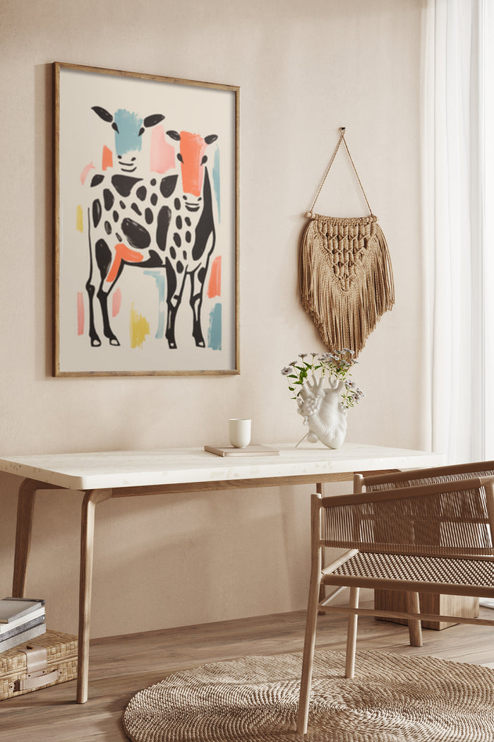 Abstract colorful cow painting in a modern interior setting poster