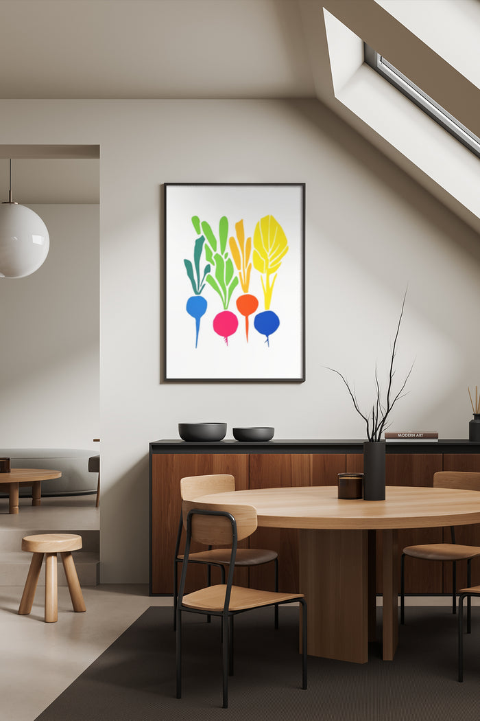 Stylized colorful abstract plant poster design displayed in a contemporary dining room setting