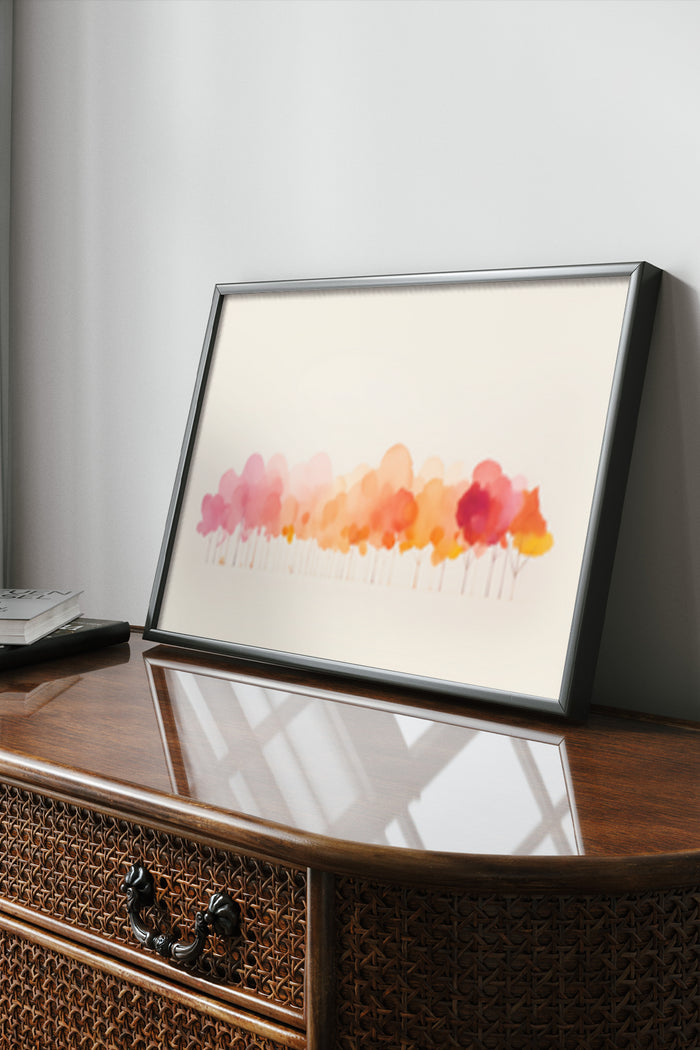 Abstract colorful trees painting in modern frame displayed on vintage wooden dresser