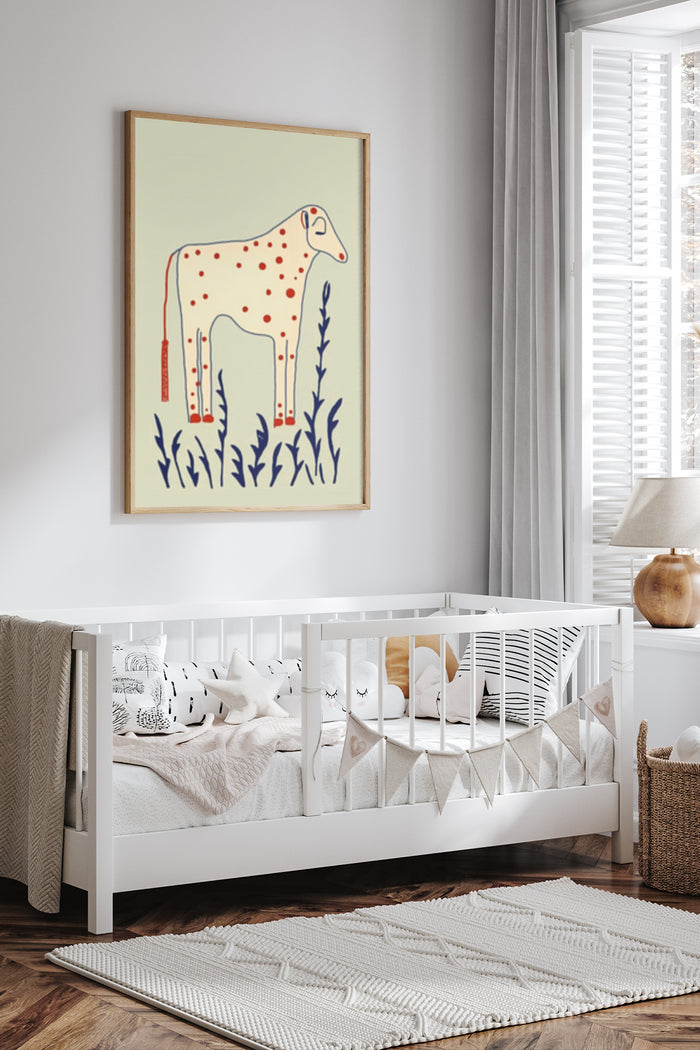 Abstract Cow Painting with Blue Plants Modern Artwork Poster in Nursery Room