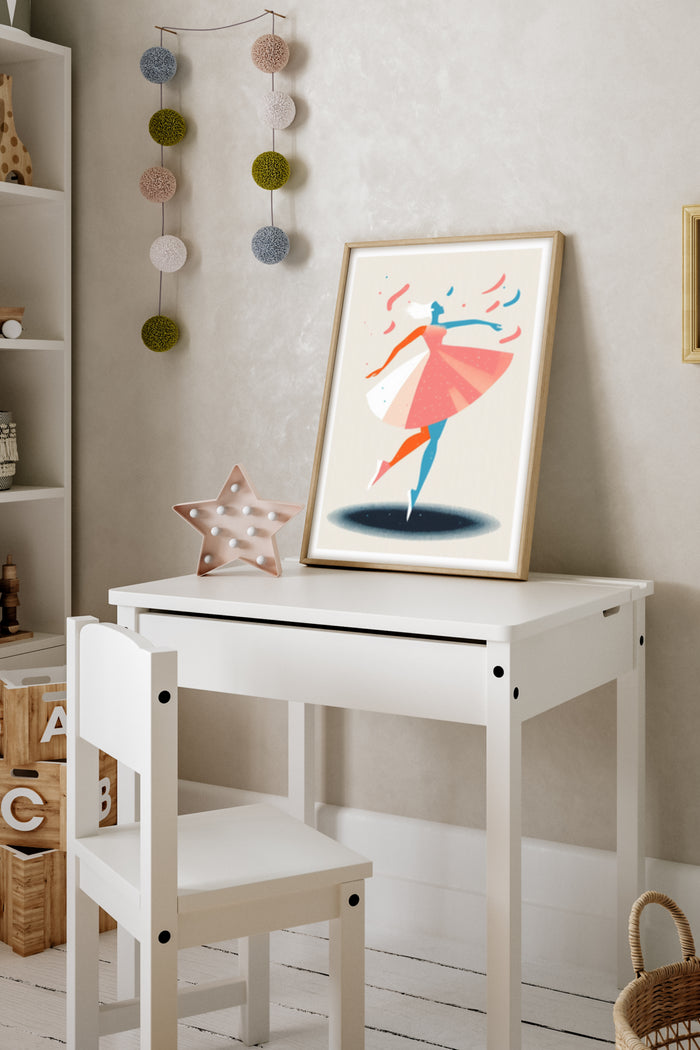 Abstract dancer poster with colorful splashes in a child's room setting above a white desk