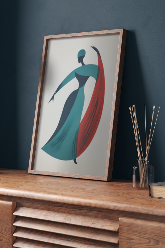 Modern abstract art poster featuring a stylized dancer with flowing dress in a wooden frame