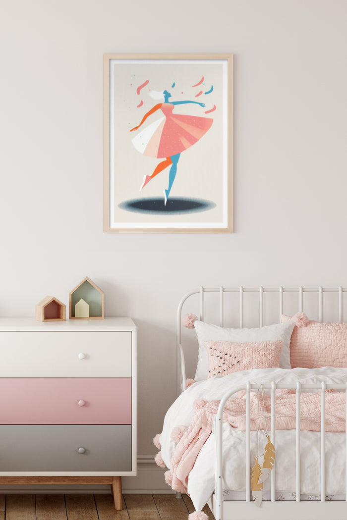 Abstract dancing figure poster art in a children's room decor setting with pastel bedding and dresser