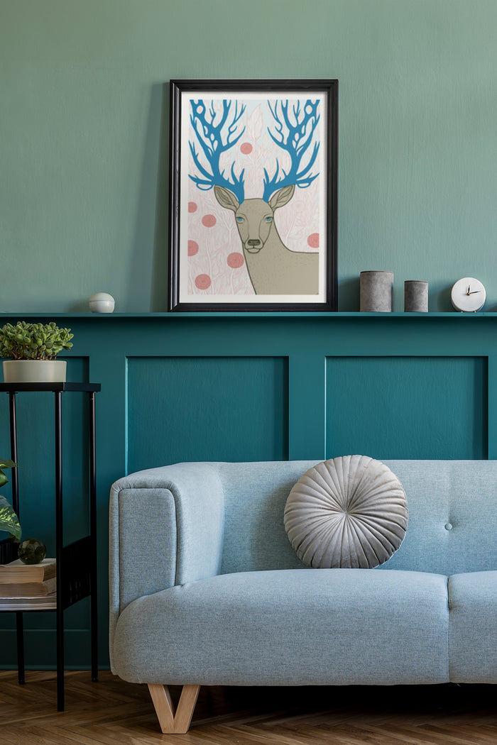 Abstract deer with blue antlers artwork framed poster above a blue sofa in a stylish living room interior