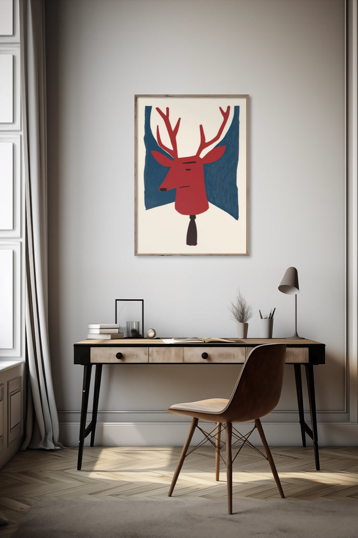 Abstract red deer with blue background poster in a stylish modern home office interior