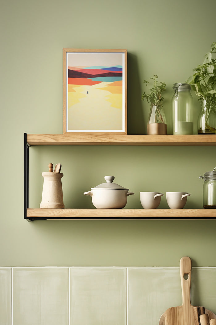 Minimalist abstract desert landscape artwork in a wooden frame on a shelf with kitchen utensils