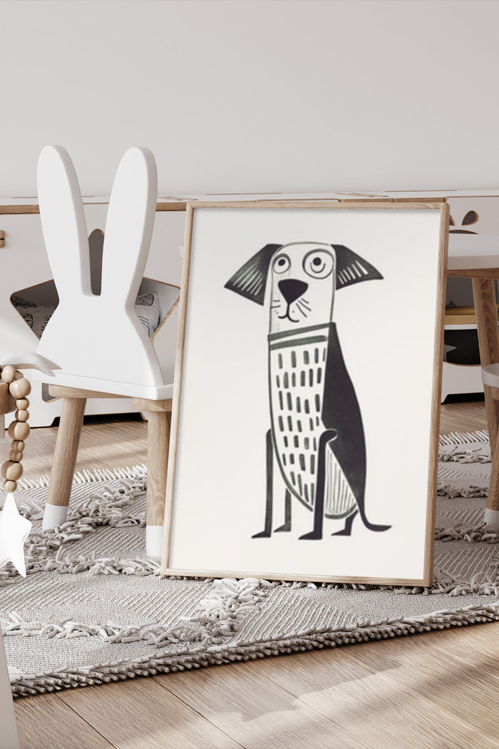 Stylish abstract dog illustration poster displayed in a modern home decor setting