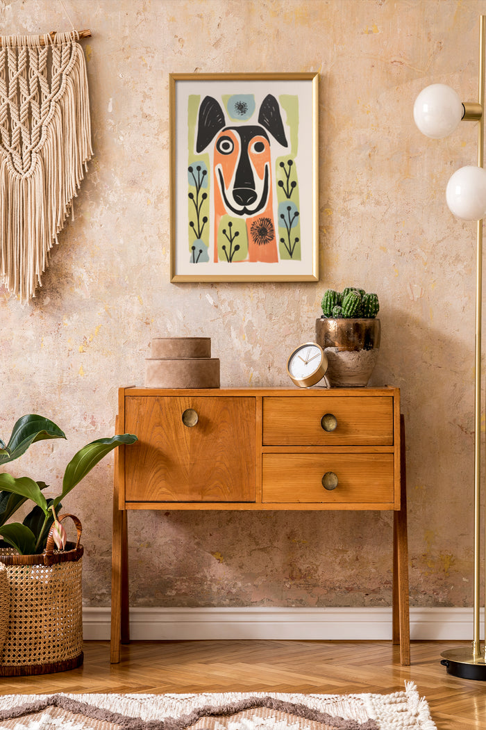 Abstract dog artwork on poster framed on wall in stylish modern interior with wooden furniture and decorative plants