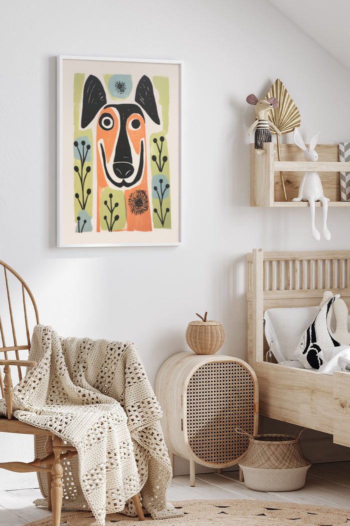 Modern abstract dog artwork in a cozy room interior setting