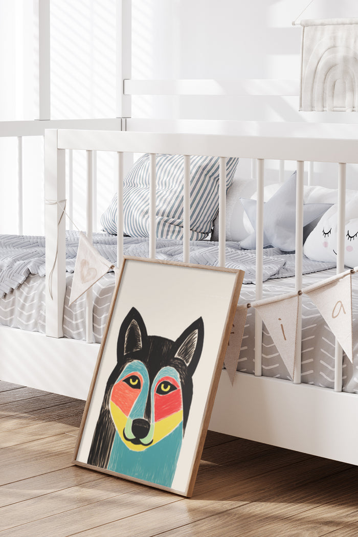 Colorful abstract dog painting poster leaning against white crib in a contemporary styled nursery room