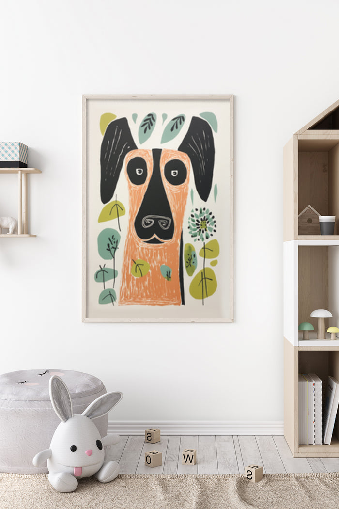 Cartoonish abstract dog portrait framed poster displayed in a stylish room with children's decor