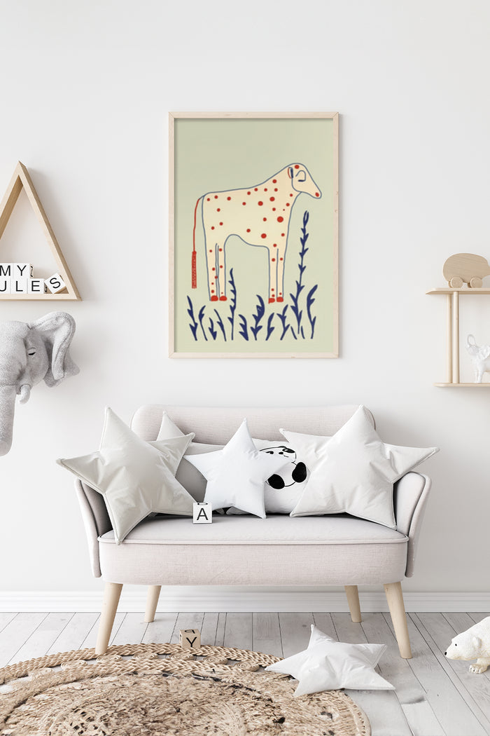 Abstract animal art poster with red dots displayed in a stylish room with neutral tones