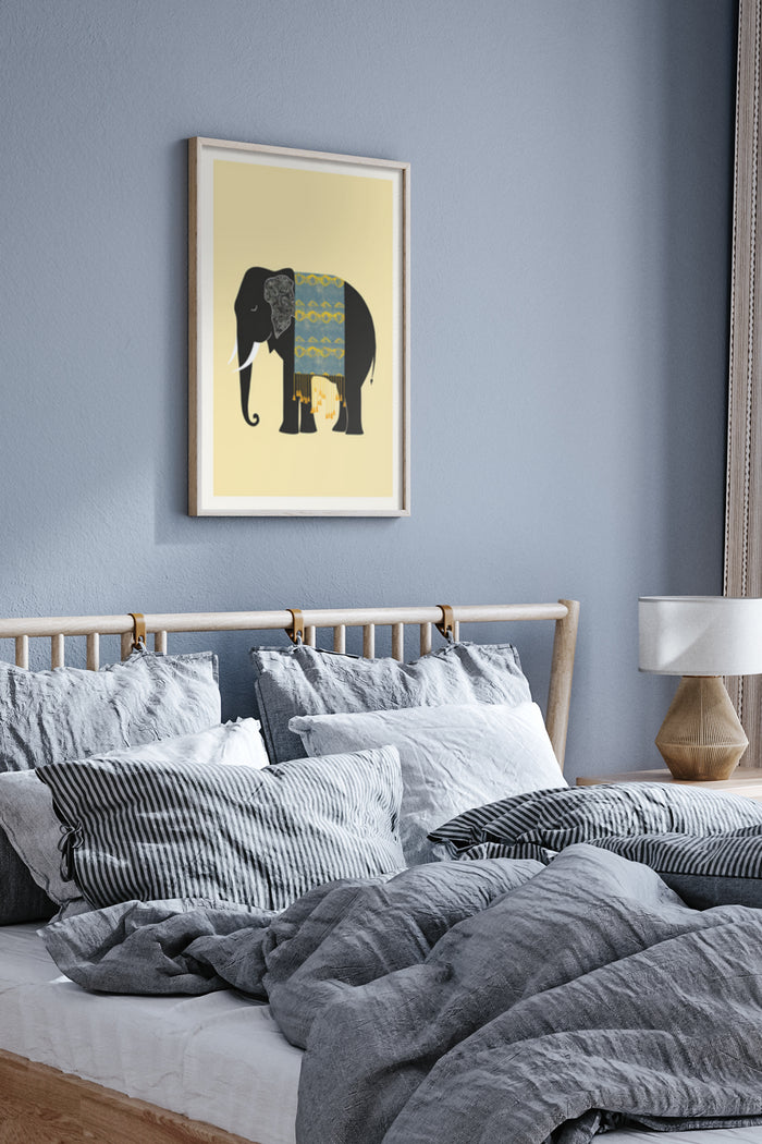Stylish abstract elephant art poster framed on a bedroom wall