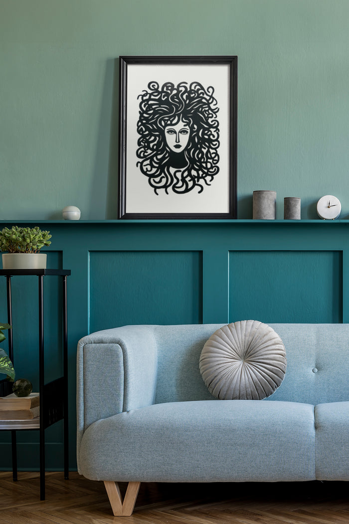 Modern living room featuring abstract face line art poster on teal wall