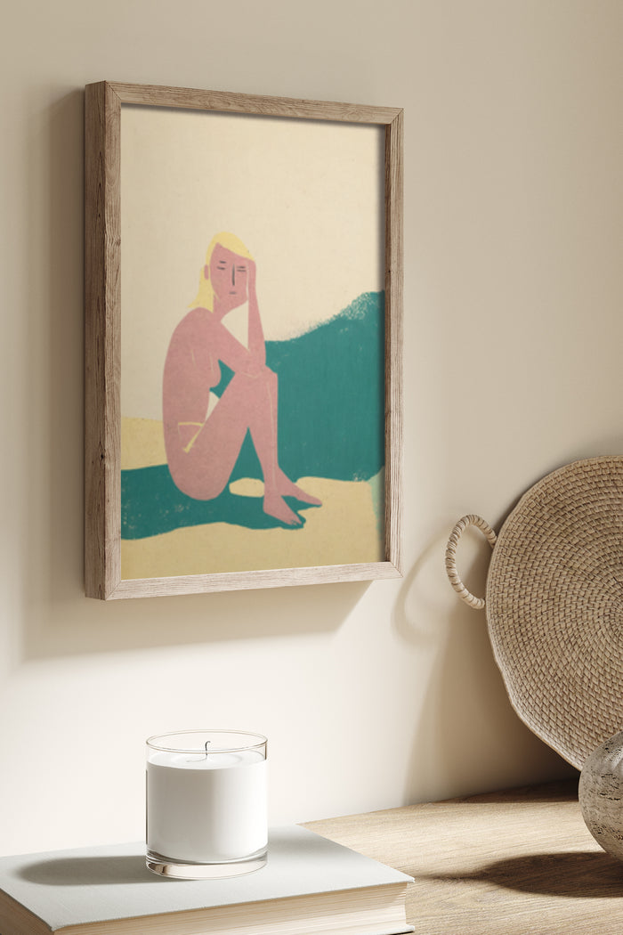 Minimalist abstract figurative art poster featuring a seated blonde figure in a wooden frame with a scented candle and woven object on a shelf