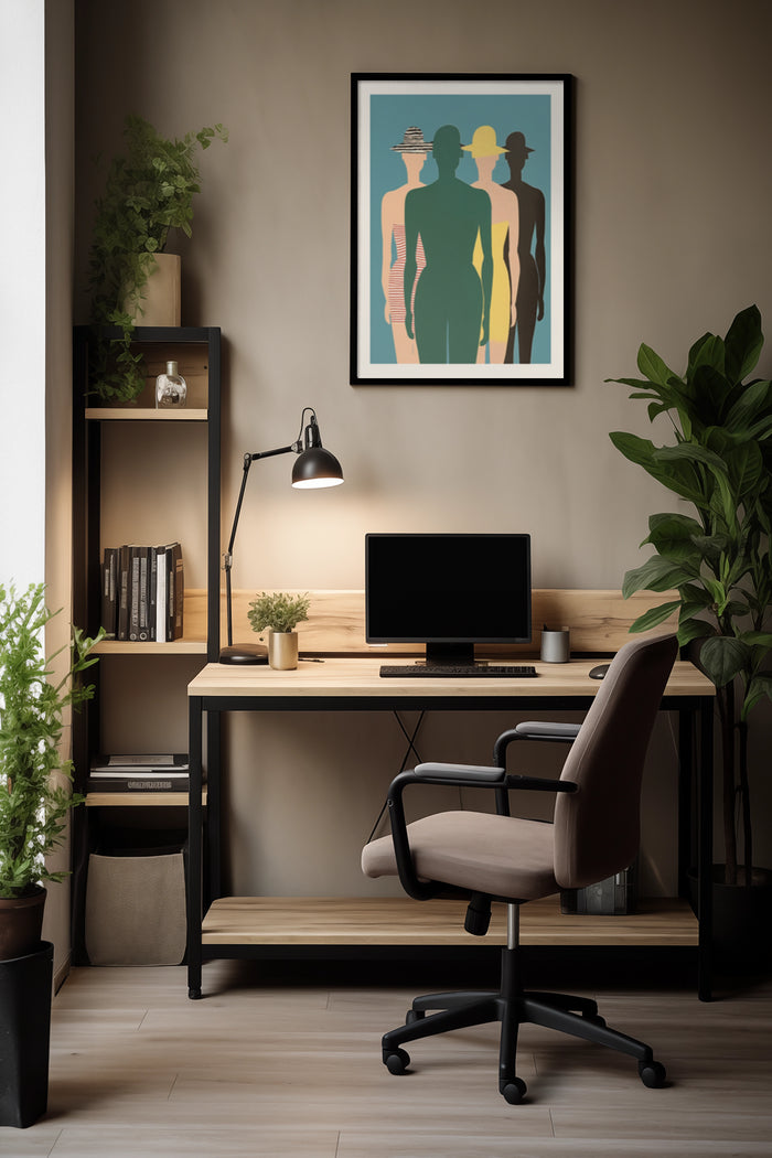 Abstract figurative poster with three silhouetted figures in a stylish contemporary home office setting