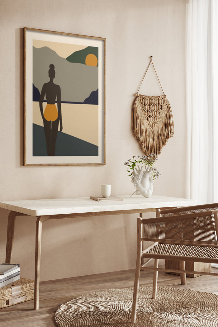 Abstract silhouette of a figure in warm colors poster framed on a wall in a contemporary home interior