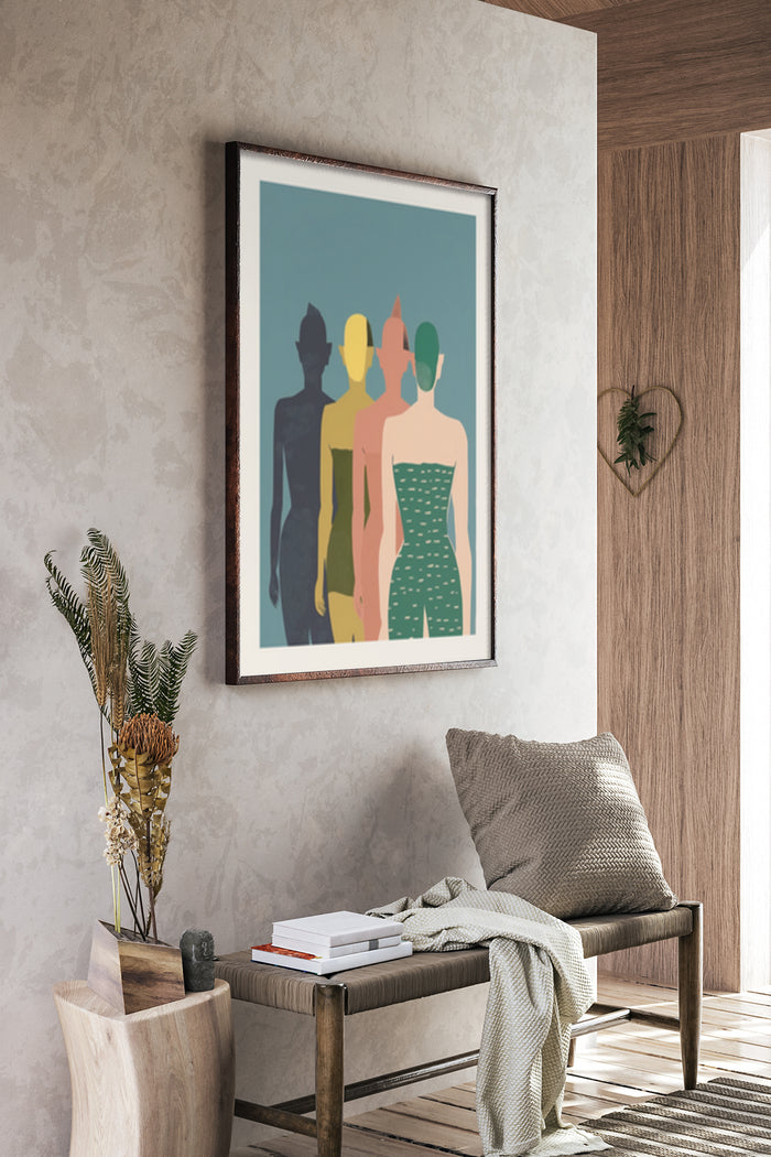 Modern abstract figures art poster framed in a cozy home interior