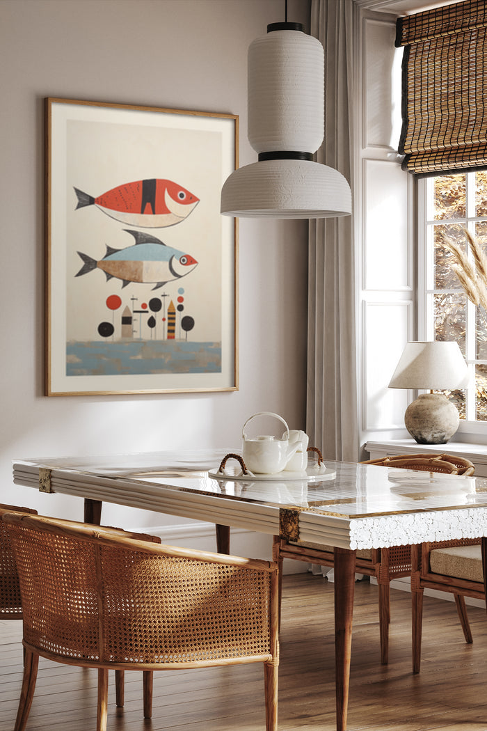 Stylized abstract fish artwork in a modern dining room setting with pendant lighting and window