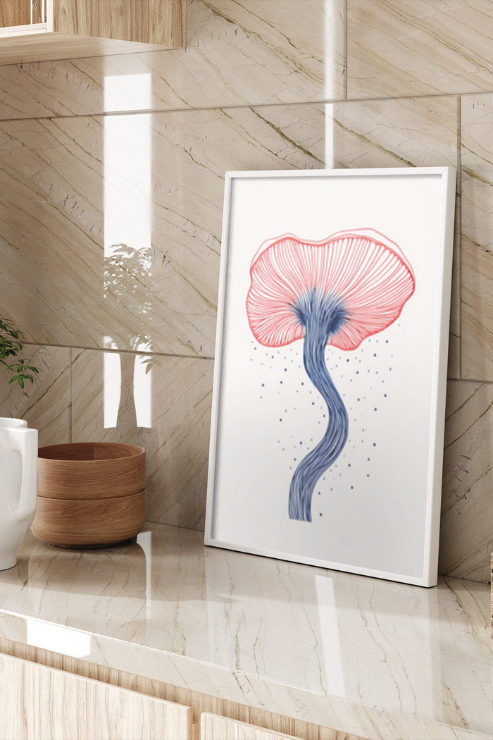 Abstract pink and blue floral artwork poster displayed in a contemporary home setting