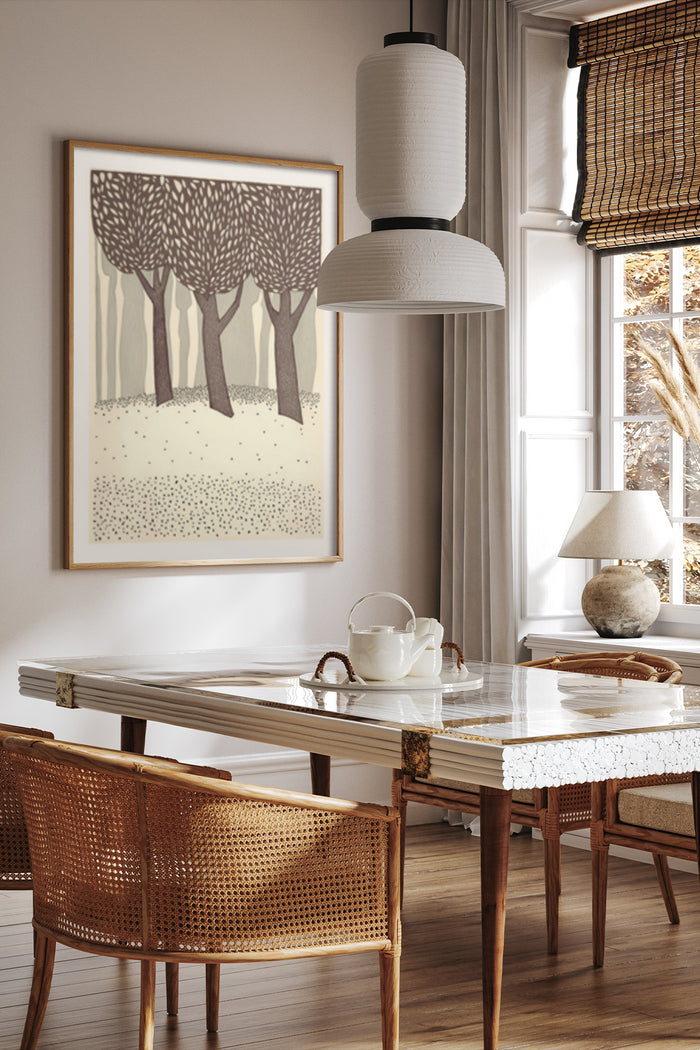 Stylish abstract forest artwork displayed in modern dining room interior