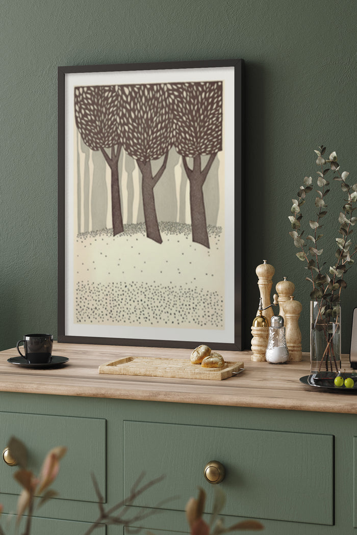 Abstract illustration of stylized trees artwork in a modern interior setting