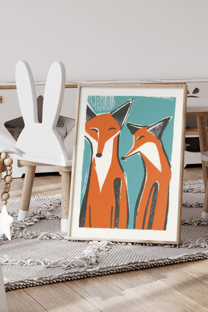 Abstract foxes illustration in modern art print poster design