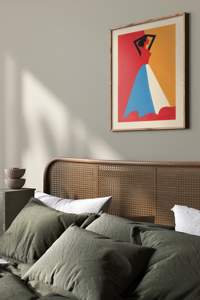 Abstract geometric artwork with colorful shapes hanging above bed in a modern bedroom setting
