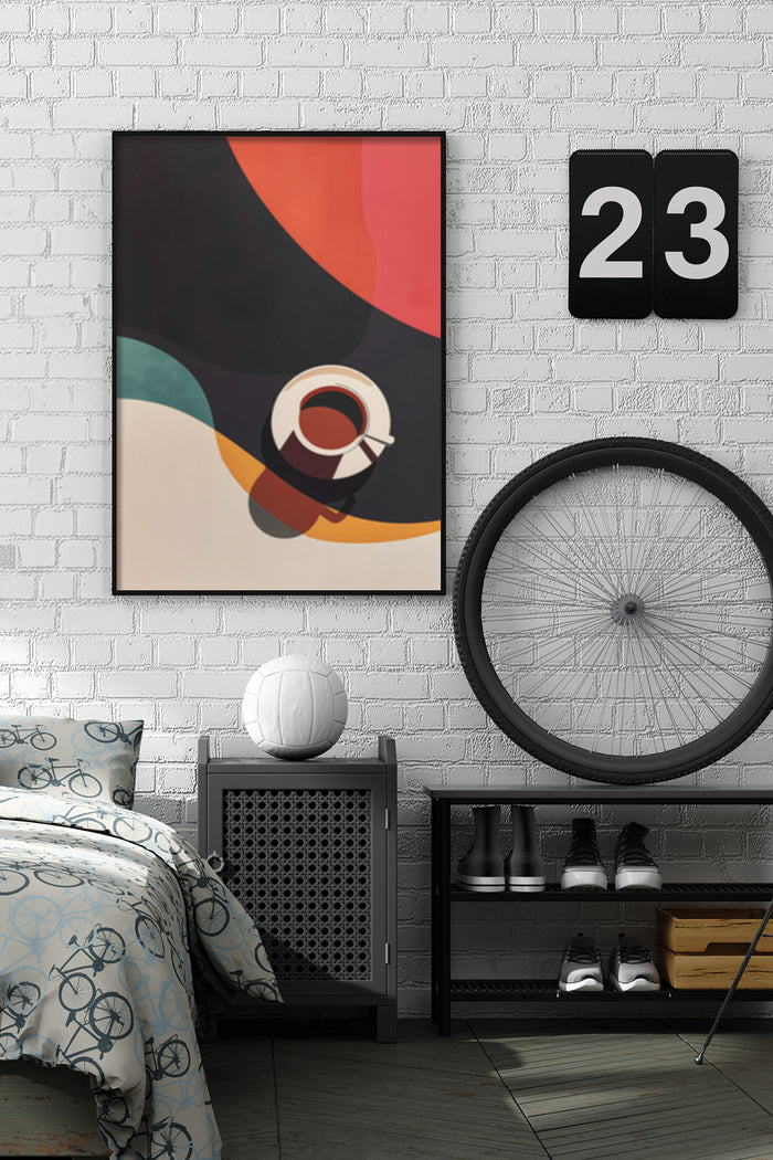 Modern abstract geometric artwork on a poster hanging above a bedside table in stylish bedroom interior