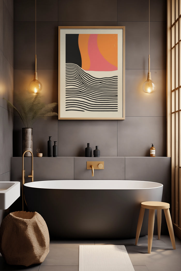 Modern abstract geometric art poster hanging in a contemporary bathroom with elegant fixtures