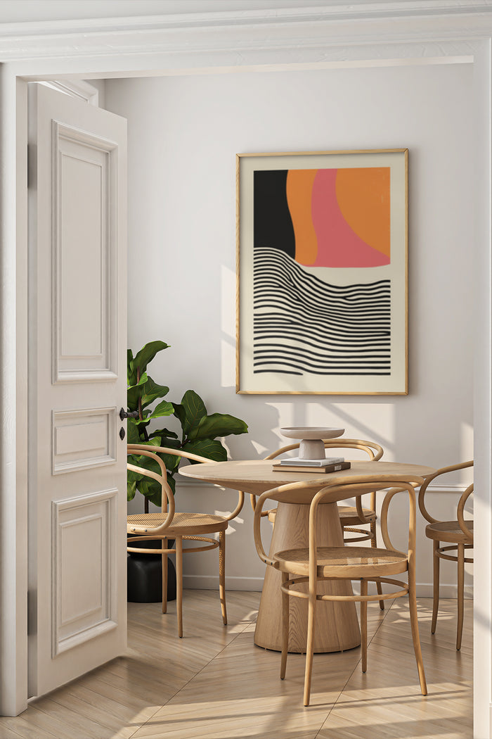 Abstract geometric art with wavy lines and bold shapes framed poster in a contemporary dining room interior design
