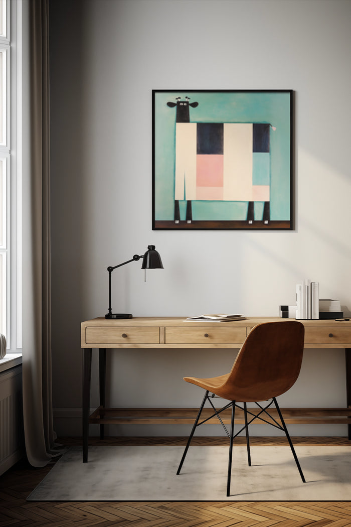 Abstract Geometric Cow Painting in Modern Minimalist Office Interior