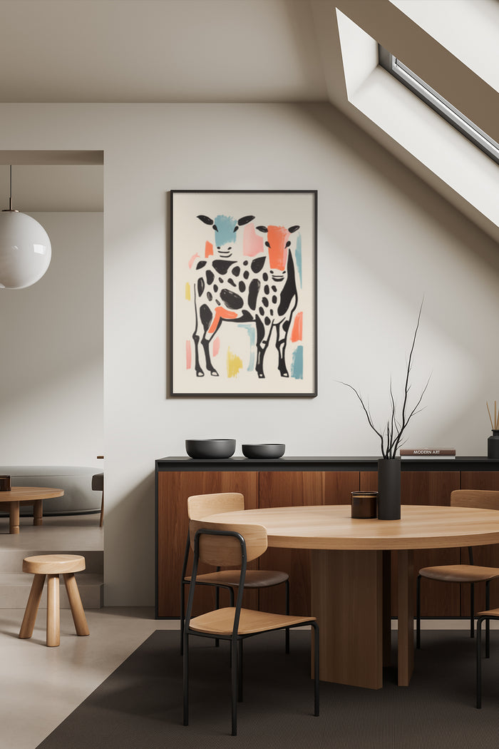 Colorful abstract giraffe painting in modern dining room interior