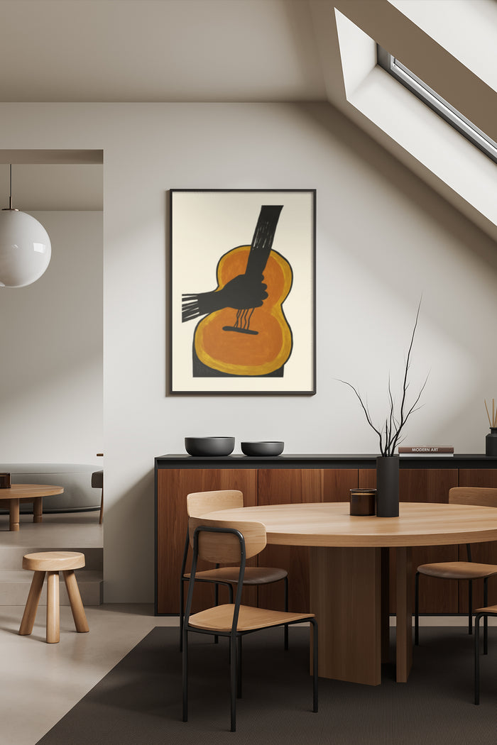 Abstract art poster featuring a guitar with a hand for the neck displayed in a chic modern dining room