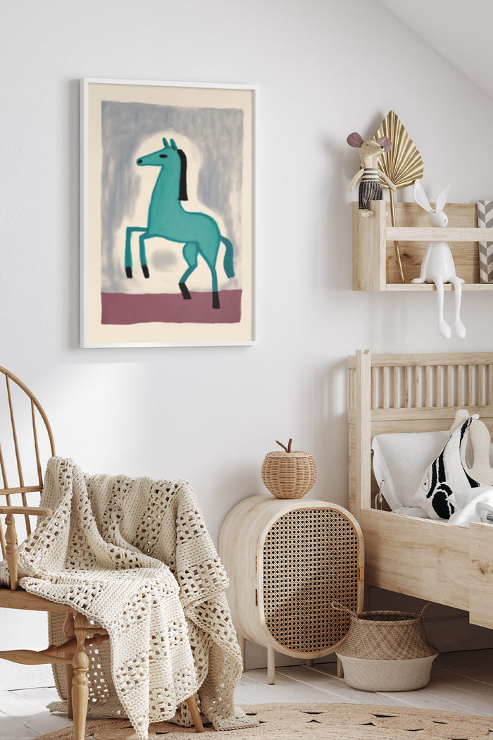 Abstract teal horse illustration poster framed on a white wall in cozy modern room with rattan furniture and decor