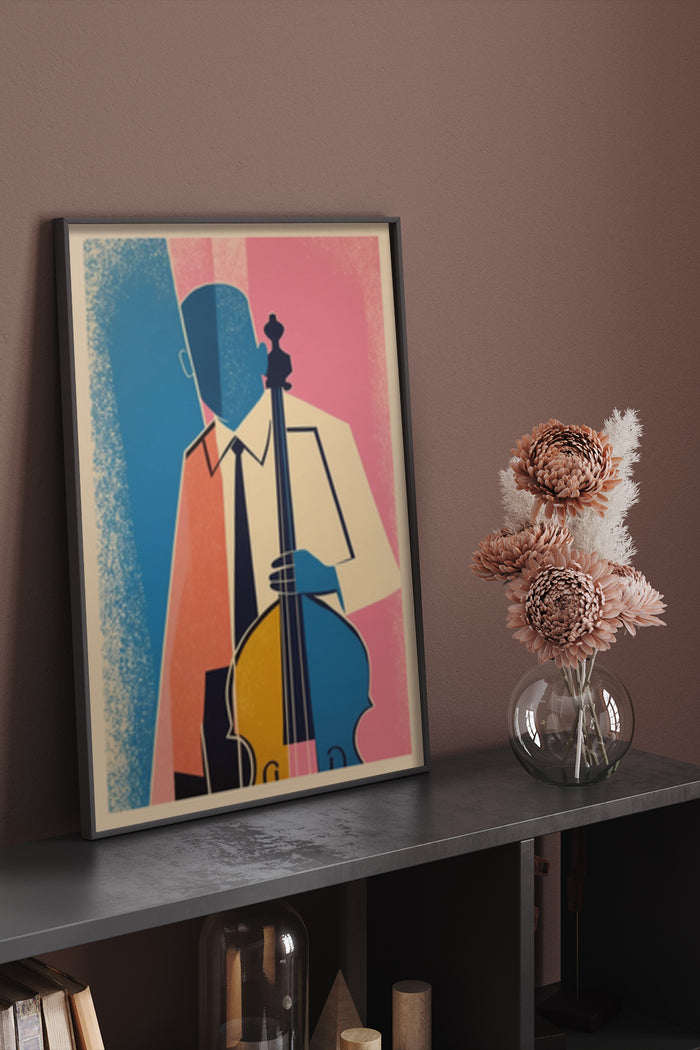 Stylized poster of a jazz musician playing double bass in abstract design for music-themed interior decor