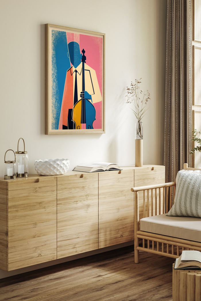 Abstract jazz musician poster with vibrant colors displayed in a modern home interior