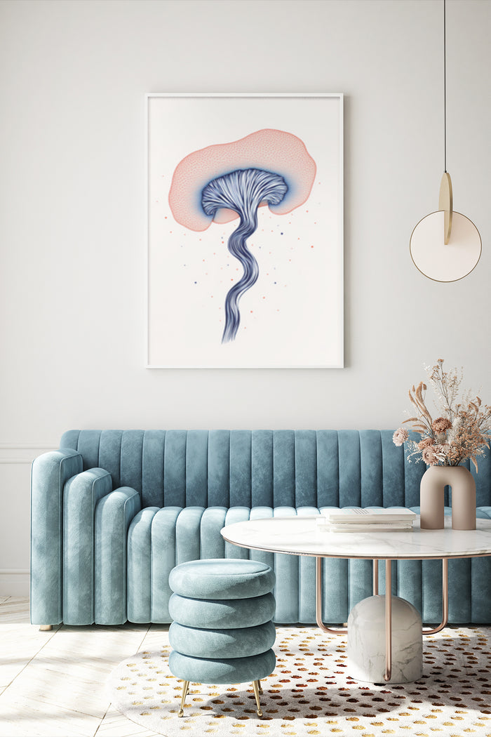 Contemporary abstract jellyfish artwork on poster above blue velvet sofa in stylish living room decor