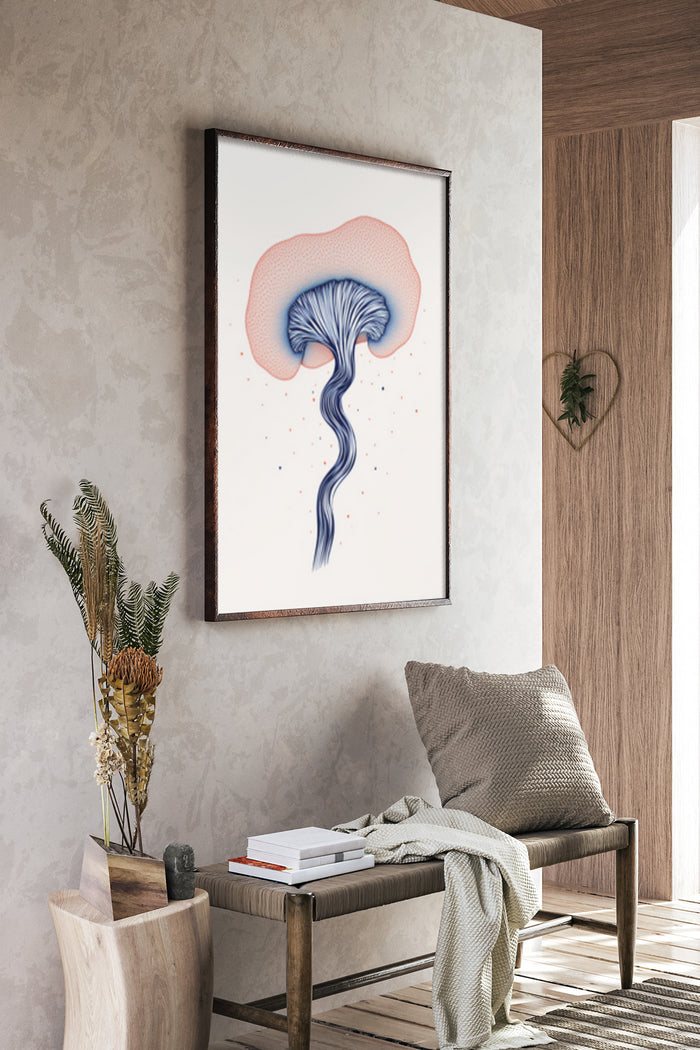 Modern abstract jellyfish artwork poster framed on a wall in a contemporary room setting with stylish home decor
