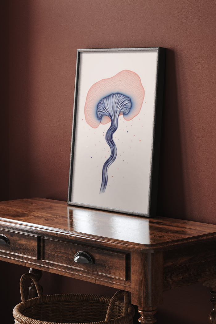Abstract Jellyfish Artwork in a Wooden Frame on a Wooden Side Table with a Maroon Wall Background