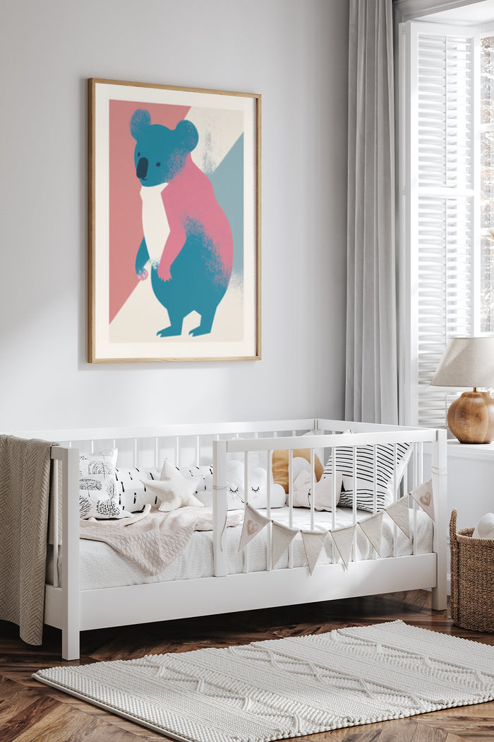 Modern abstract koala illustration poster framed in a cozy nursery room interior
