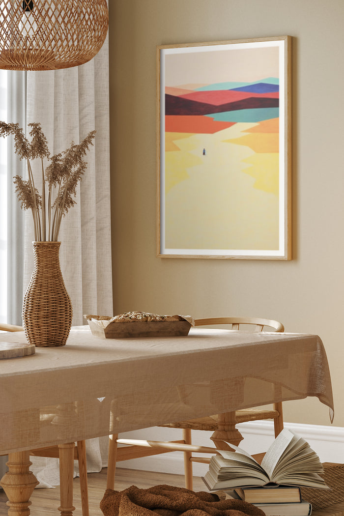 Minimalist abstract landscape poster framed in a dining room setting