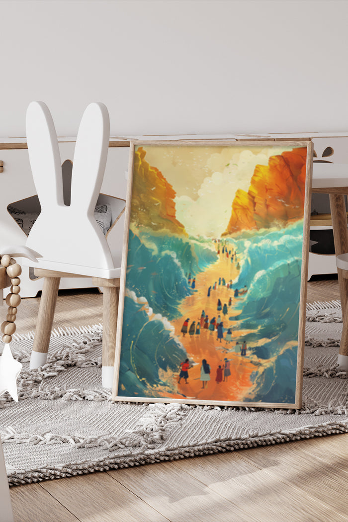 Abstract colorful landscape artwork poster displayed in a modern home setting