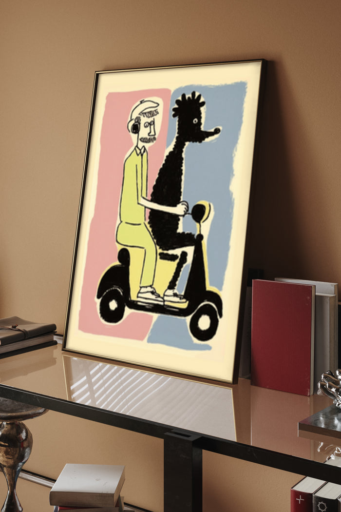 Abstract colorful art print of a man riding a scooter accompanied by a stylized horse