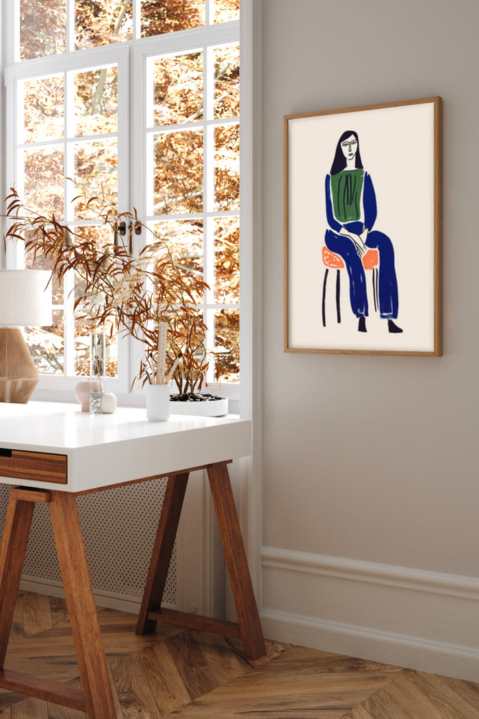 Modern minimalist art poster with abstract figure painting in stylish home office