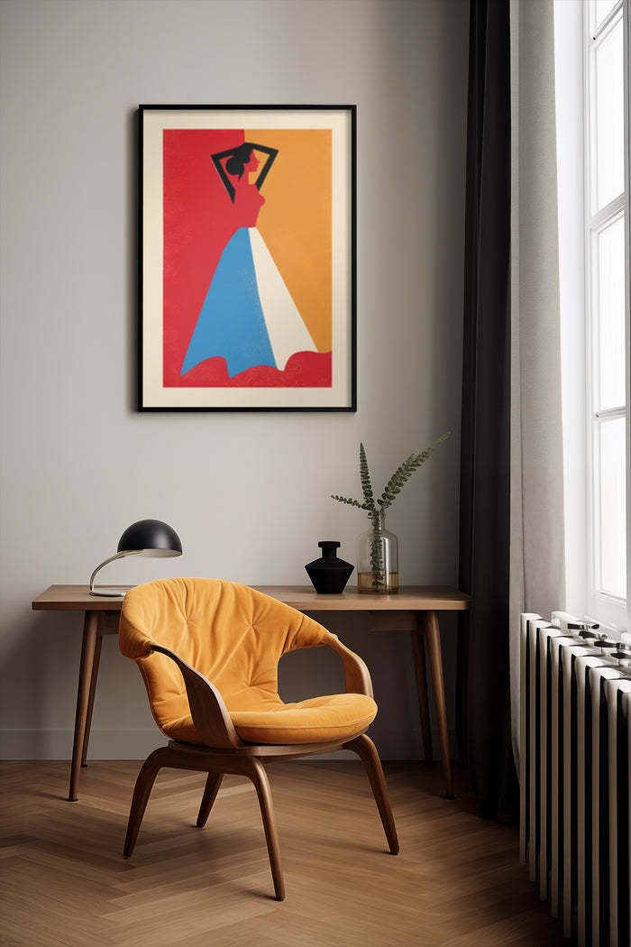 Minimalist abstract art poster featuring a stylized figure in a contemporary room setting