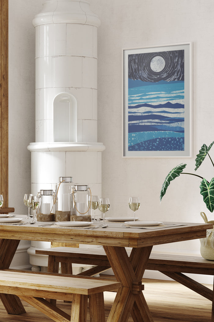 Stylized moon over blue sea poster hanging in contemporary dining room interior with rustic wooden table set