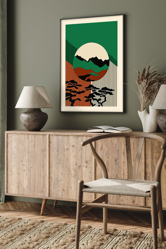 Stylish abstract landscape poster with mountains and sun, framed on the wall of a contemporary living room